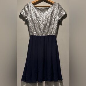 Buttons Cap Sleeve Silver Sequins & Navy Blue Chiffon Fit & Flare Mini Dress S